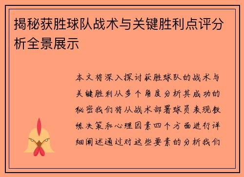 揭秘获胜球队战术与关键胜利点评分析全景展示