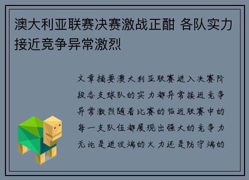 澳大利亚联赛决赛激战正酣 各队实力接近竞争异常激烈