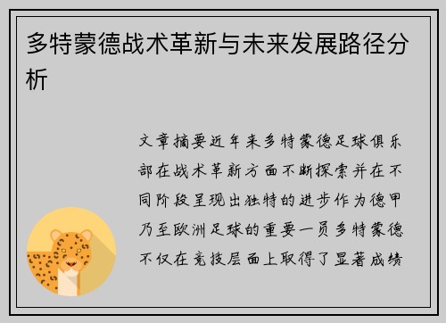 多特蒙德战术革新与未来发展路径分析