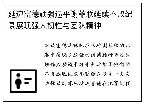 延边富德顽强逼平谢菲联延续不败纪录展现强大韧性与团队精神
