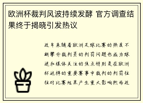 欧洲杯裁判风波持续发酵 官方调查结果终于揭晓引发热议