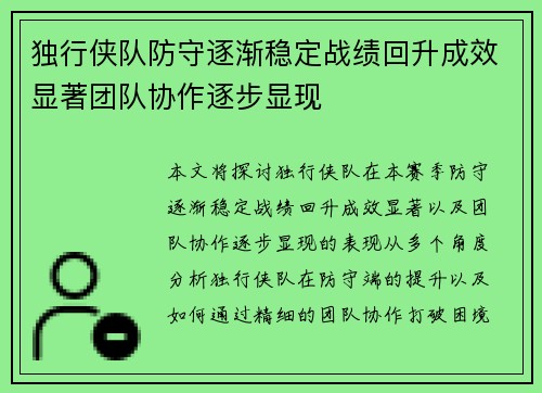 独行侠队防守逐渐稳定战绩回升成效显著团队协作逐步显现