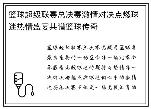 篮球超级联赛总决赛激情对决点燃球迷热情盛宴共谱篮球传奇