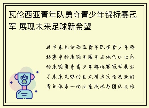 瓦伦西亚青年队勇夺青少年锦标赛冠军 展现未来足球新希望