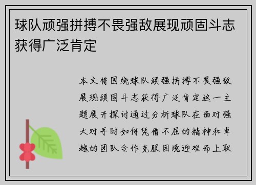 球队顽强拼搏不畏强敌展现顽固斗志获得广泛肯定