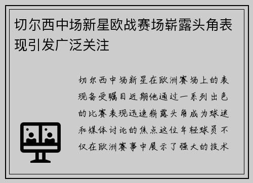 切尔西中场新星欧战赛场崭露头角表现引发广泛关注